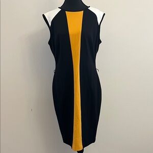 Cache Black Midi Dress with Mustard Center Panel and White Shoulder Accents